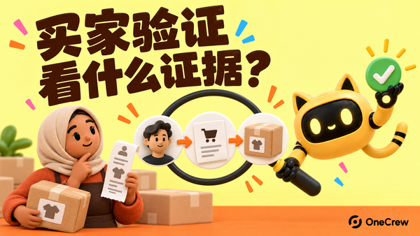 黄色 OneCrew 封面写着“买家验证，看什么证据？”，商家和猫耳机器人用放大镜连接买家、订单与包裹。