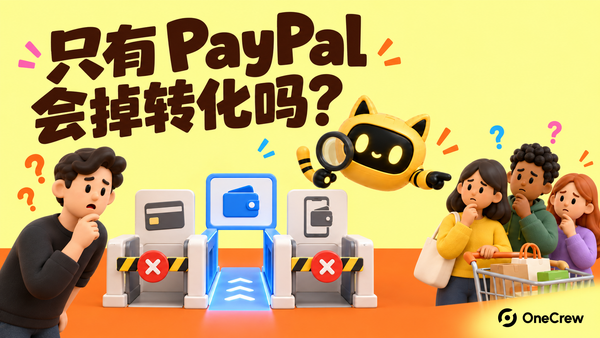 黄色 OneCrew 封面写着“只有 PayPal，会掉转化吗？”，商家、犹豫的顾客与猫耳机器人面对只开放一种钱包路径的结账闸门。