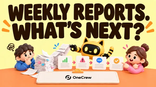 The OneCrew mascot turns a stack of activity records into four clear cards beneath ‘Weekly reports. What’s next?’
