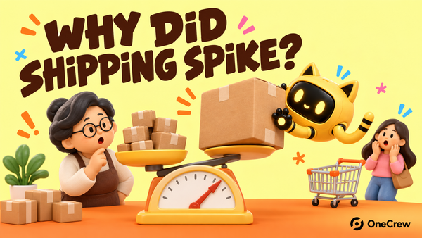 Yellow OneCrew cover reading ‘WHY DID SHIPPING SPIKE?’ with one bulky box outweighing many small parcels on a shipping scale while the cat-ear robot tries to balance them.