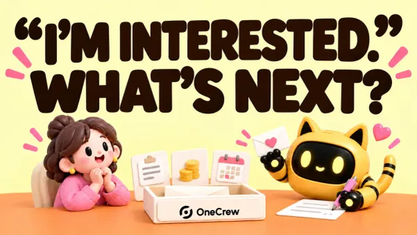 The OneCrew mascot prepares a reply after an interested response, with brief, budget and calendar cards beneath ‘I’m interested. What’s next?’