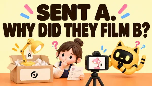A shipping box contains yellow lamp A while the camera shows pink lamp B, as the OneCrew mascot and a teammate check the mismatch.