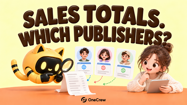 Yellow 3D poster reading Sales Totals. Which Publishers? A cat-eared robot checks a report against three publisher cards with a magnifying glass; centered OneCrew logo.