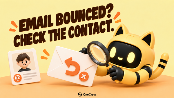 A cat-eared robot examines a returned envelope with a magnifier beside a business contact card. The brown headline reads “Email bounced? Check the contact.”