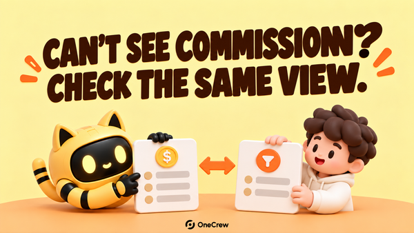 A cat-eared robot and creator compare two record panels marked with a coin and a filter. The headline reads “Can’t see commission? Check the same view.”