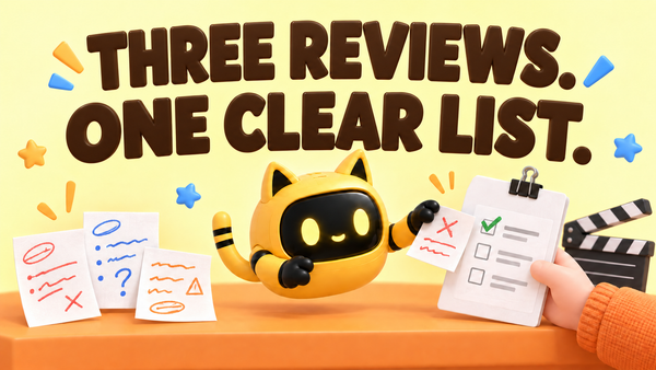 A yellow cat-eared robot organizes feedback notes beside a clapperboard and a hand holding a checklist. Large headline: “Three reviews. One clear list.”