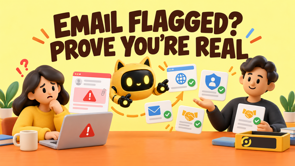 A creator sees a security warning on an outreach email while the yellow cat-eared OneCrew robot helps verify the domain, identity, website, and terms