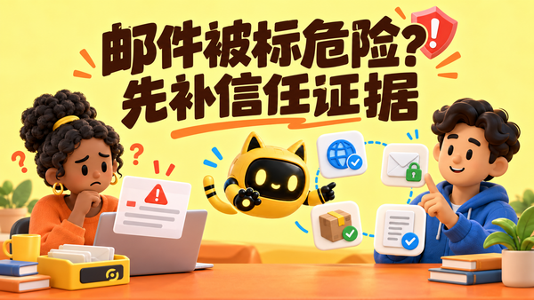 达人查看带安全警告的邀约邮件，黄色猫耳机器人帮助品牌核验域名、身份、官网和合作条件