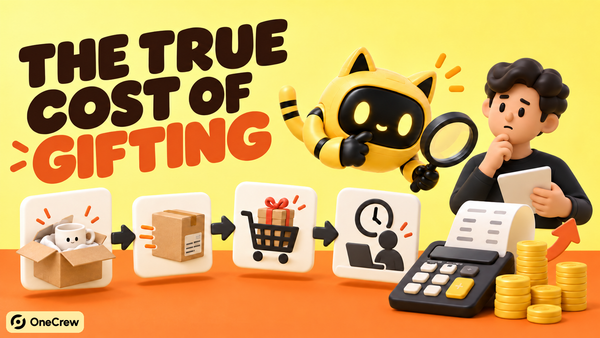A marketer and the yellow OneCrew cat-ear robot inspect sample boxes, sales, a clock, and a calculator under the headline “The True Cost of Gifting.”