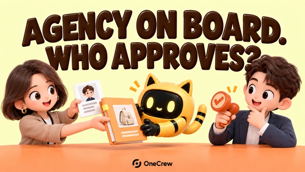 Yellow 3D poster reading Agency on Board. Who Approves? An agency coordinator shares a proposal with a brand approver and cat-eared robot; OneCrew logo centered below.