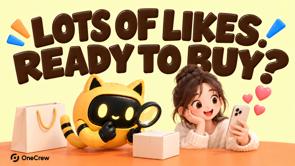 3D poster: Lots of Likes. Ready to Buy? The cat-ear robot and creator review a product, with the original black OneCrew logo at bottom left.