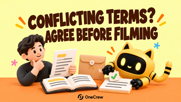 A creator and yellow robot compare recruitment materials, a handbook, an envelope and final terms