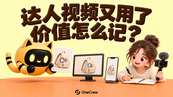 黄底3D海报写着“达人视频又用了，价值怎么记？”，猫耳机器人展示视频卡，屏幕与手机呈现同一背包，创作者记录用途，OneCrew Logo 底部居中。
