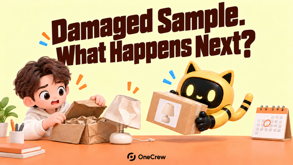 A creator checks a damaged sample while the mascot prepares a replacement parcel and revised filming plan.