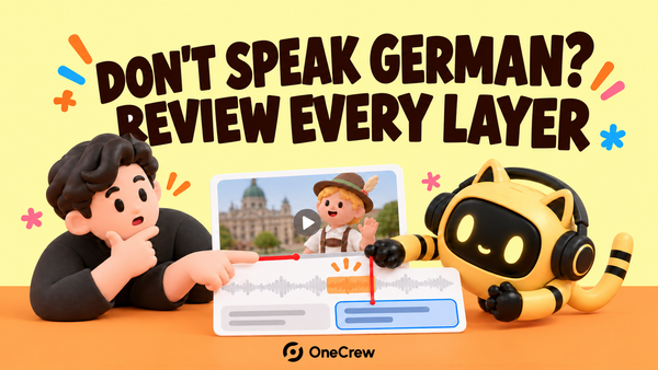 A robot and reviewer check speech and subtitles in a video