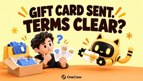 A creator checks product and delivery notes beside a robot holding a gift card