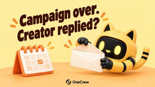 A yellow cat-eared robot opens an incoming envelope beside a completed campaign calendar, under “Campaign over. Creator replied?”