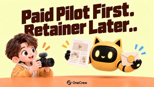 A creator holds a camera while the mascot carries a storyboard and payment envelope, highlighting the terms of a paid pilot.