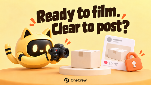 A yellow cat-eared robot photographs a sample on a low platform beside a locked social post, under “Ready to film. Clear to post?”