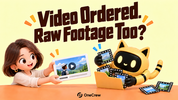A creator holds a finished video while the mascot holds a footage folder, showing that extra files need a separate agreement.