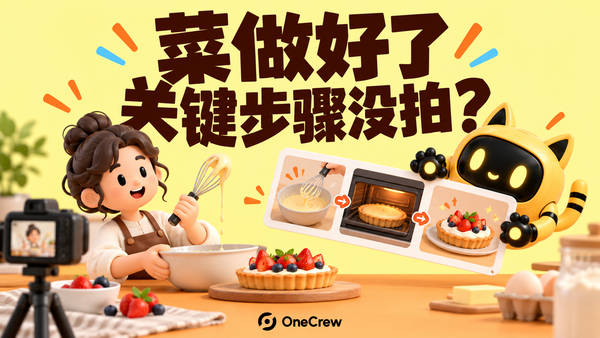 美食创作者准备烘焙，机器人举着过程分镜