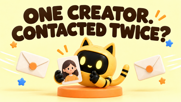 A yellow cat-eared robot holds a creator profile between two invitation envelopes. Large headline: “One creator. Contacted twice?”