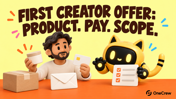 Yellow OneCrew cover reading ‘FIRST CREATOR OFFER: PRODUCT. PAY. SCOPE.’ with a small-brand founder and the cat-ear robot presenting a product sample, payment card and scope checklist.