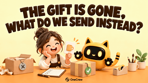 A yellow cat-eared robot holds a replacement checklist beside a discontinued pink gift box and a new green gift box. Headline: “THE GIFT IS GONE, WHAT DO WE SEND INSTEAD?”