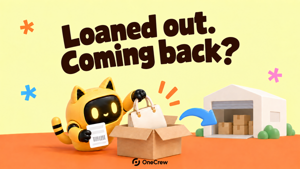 A yellow robot packs a handbag for return on an orange platform, with an arrow toward a warehouse and the headline “Loaned out. Coming back?”