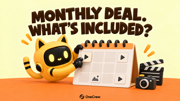A yellow cat-eared robot places a video tile on a calendar under “Monthly deal. What’s included?” The OneCrew logo sits on the orange tabletop.
