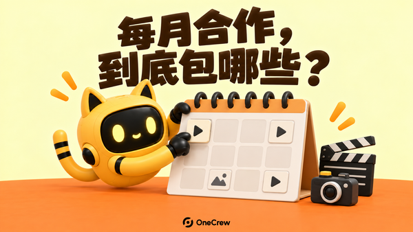 黄底封面写着“每月合作，到底包哪些？”，黄色猫耳机器人将视频卡放到月历上，旁边有相机与场记板，连续橙色台面底部为 OneCrew 标识。