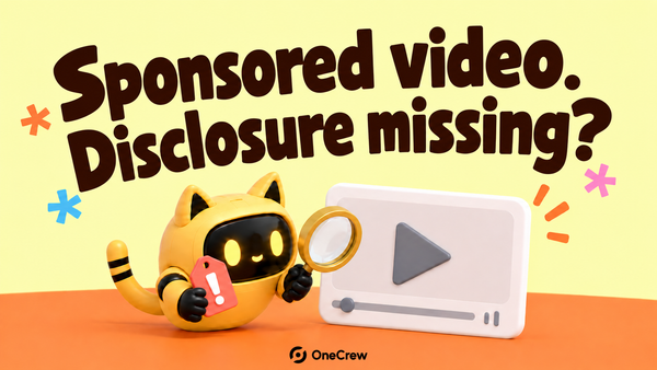 A yellow robot inspects a video with a magnifier beside an alert tag, under “Sponsored video. Disclosure missing?”