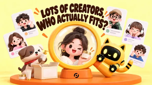 OneCrew robot uses a magnifier to compare creator profiles beneath the headline “LOTS OF CREATORS. WHO ACTUALLY FITS?”