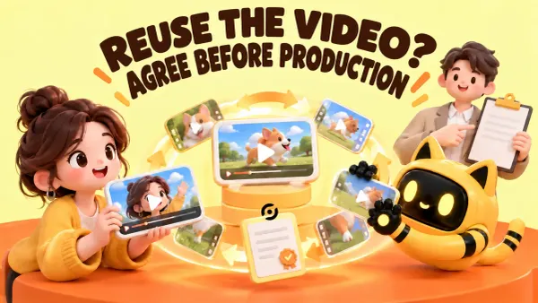 A creator and the OneCrew robot review reusable video assets beneath the headline “REUSE THE VIDEO? AGREE BEFORE PRODUCTION.”
