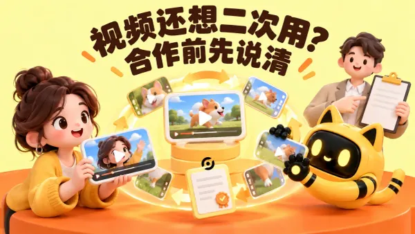 OneCrew 黄色猫耳机器人与人物展示创作者、品牌同事与机器人围绕视频循环和授权卡片沟通，封面写着“视频还想二次用？合作前先说清”。