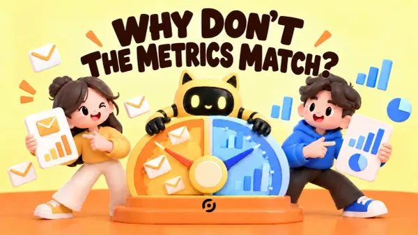 Two teammates and the OneCrew robot align analytics definitions beneath the headline “WHY DON’T THE METRICS MATCH?”