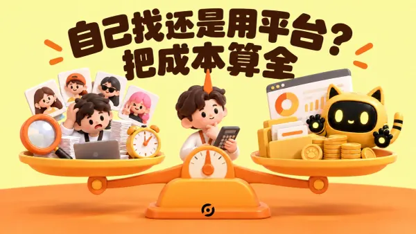 OneCrew 黄色猫耳机器人与人物展示团队与机器人用天平比较自行寻找达人和使用平台的完整成本，封面写着“自己找还是用平台？把成本算全”。