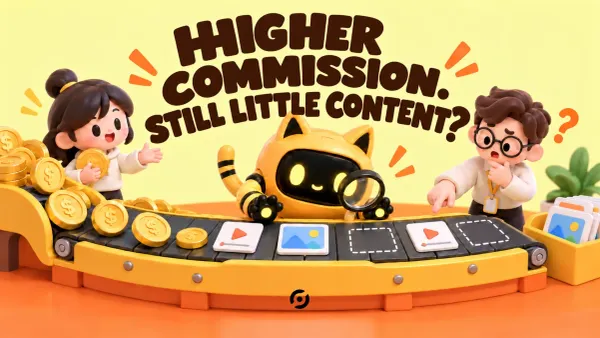 A team and the OneCrew robot inspect a commission-to-content conveyor beneath the headline “HIGHER COMMISSION. STILL LITTLE CONTENT?”