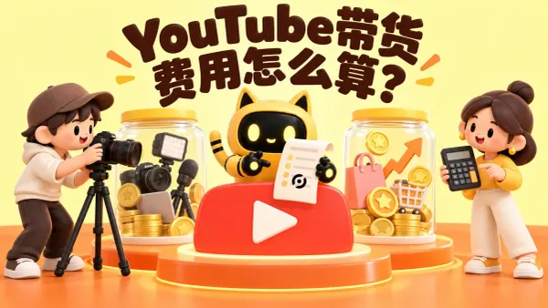 OneCrew 黄色猫耳机器人与人物展示创作者、品牌同事与机器人核对 YouTube 带货的制作费和佣金，封面写着“YouTube 带货，费用怎么算？”。