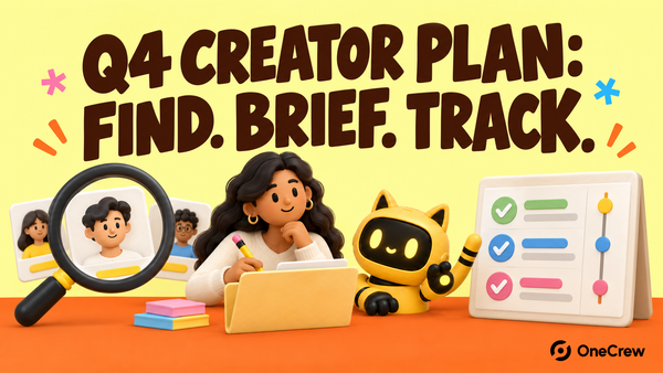 Yellow OneCrew cover reading ‘Q4 CREATOR PLAN: FIND. BRIEF. TRACK.’ with a marketer and the cat-ear robot moving from creator search to a brief and tracking board.