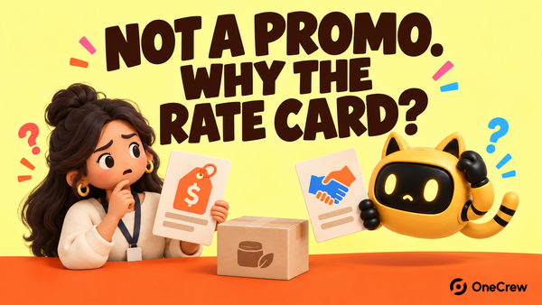 Yellow OneCrew cover reading “NOT A PROMO. WHY THE RATE CARD?” with the cat-ear robot and a creator manager comparing a collaboration brief with a rate card.