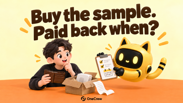 A creator holds a wallet beside a sample parcel while a yellow cat-eared robot presents a checklist, under the headline “Buy the sample. Paid back when?”