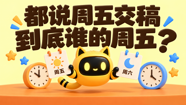 黄色猫耳机器人拿着周五和周六日历卡，两侧是时钟；大字标题为“都说周五交稿，到底谁的周五？”。