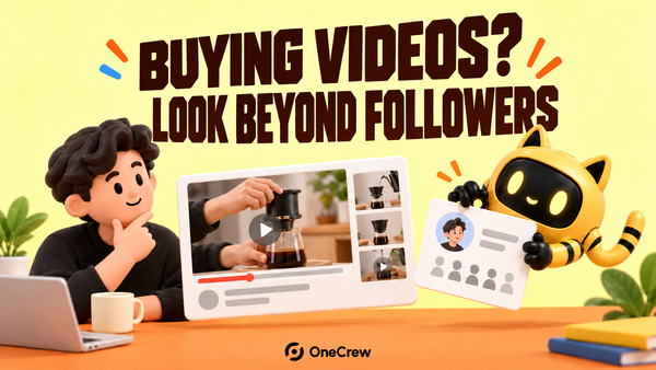 A brand reviewer watches a coffee demonstration while a robot holds a creator profile; the headline reads “Buying videos? Look beyond followers”.