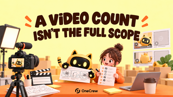 A yellow cat-eared robot and a creator review a storyboard and checklist in a studio beneath the centered headline “A VIDEO COUNT ISN’T THE FULL SCOPE”, with the official OneCrew logo below.
