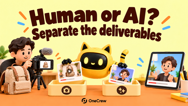 A robot separates filmed product content from a digital-presenter video