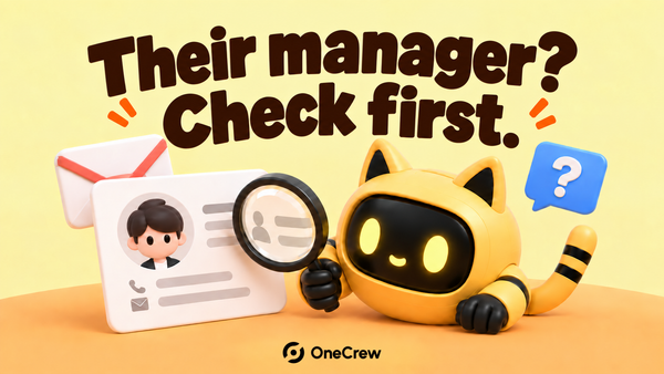 A yellow cat-eared robot examines a contact profile with a magnifier beside an incoming envelope and a question mark, under “Their manager? Check first.”