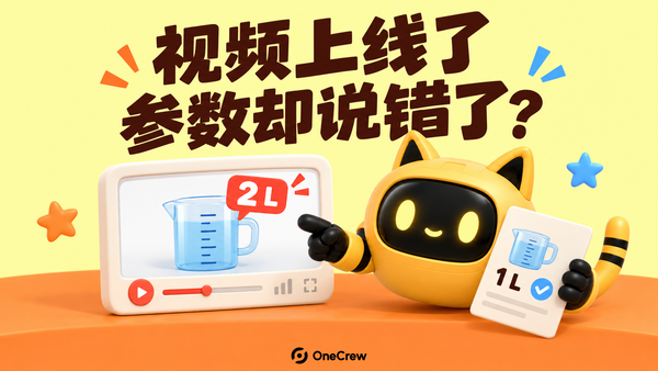黄色猫耳机器人拿着标注1升的规格卡，对照视频中错误的2升说法；封面写着“视频上线了，参数却说错了？”