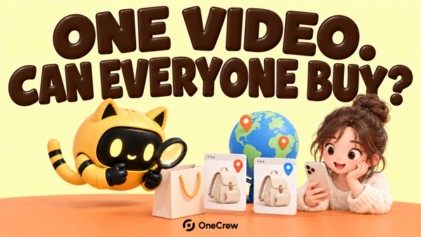 Yellow 3D poster: One Video. Can Everyone Buy? A cat-eared robot and creator inspect backpack offers beside a globe, with the original OneCrew logo at bottom center.