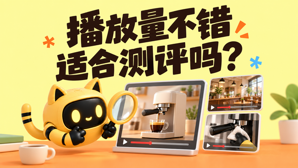 黄色猫耳机器人用放大镜检查咖啡机测评视频，旁边展示探店和清洁片段，封面写着“播放量不错，适合测评吗？”